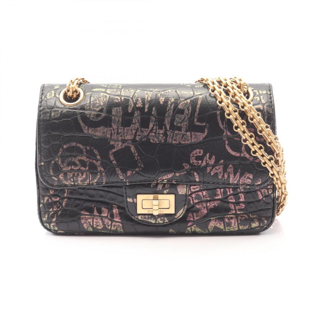 Chanel Graffiti Crocodile Embossed Shoulder Bag Leather Black Multicolor